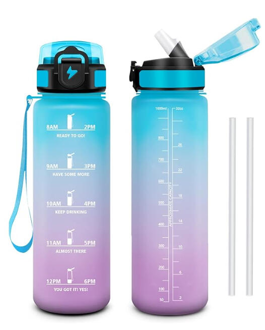 Gourde avec graduations horaires et messages motivants pour l'hydratation.